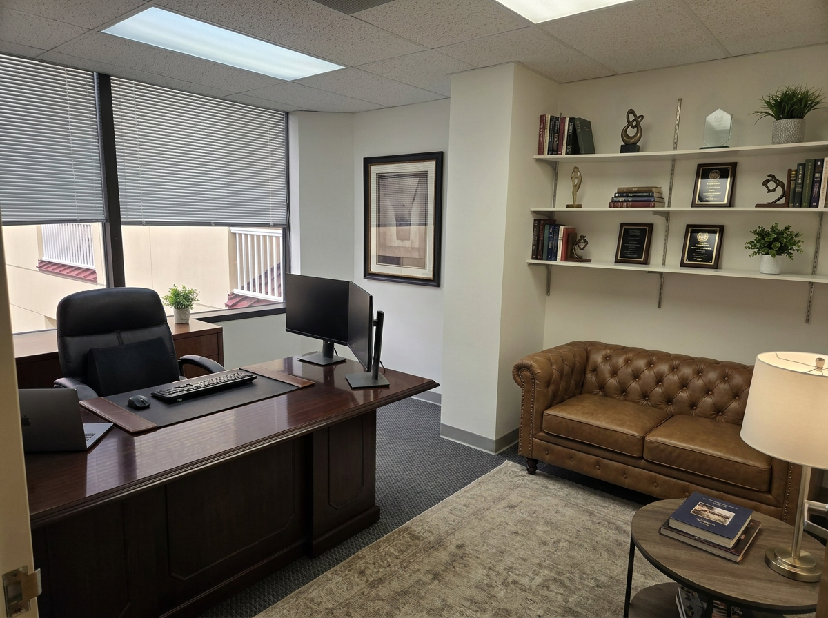 Private executive office with couch and desk